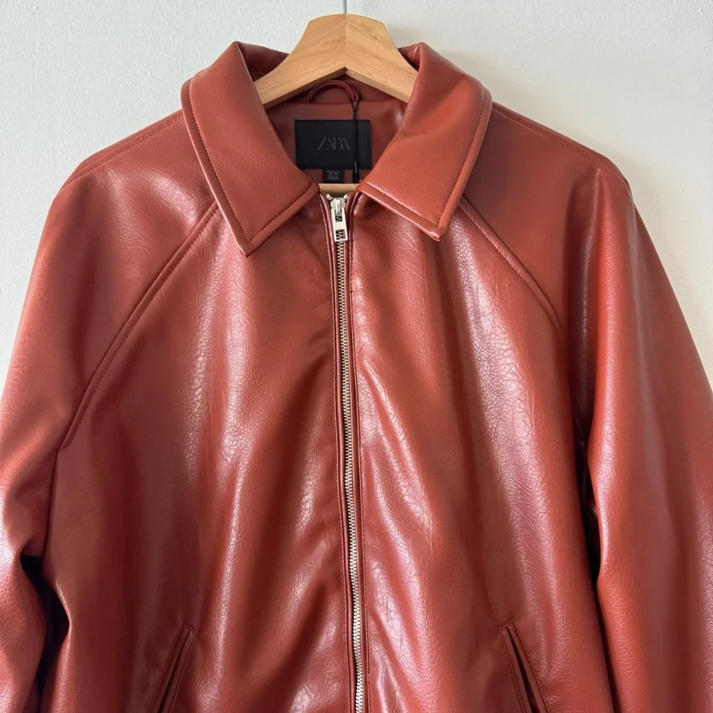 Zara Women's Brown Faux‎ Leather Bomber Jacket Size Small